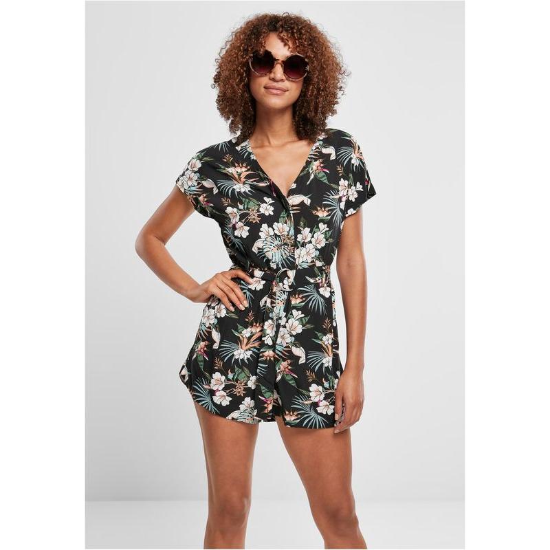Urban Classics Ladies Short Viscose Belt Jumpsuit black tropical